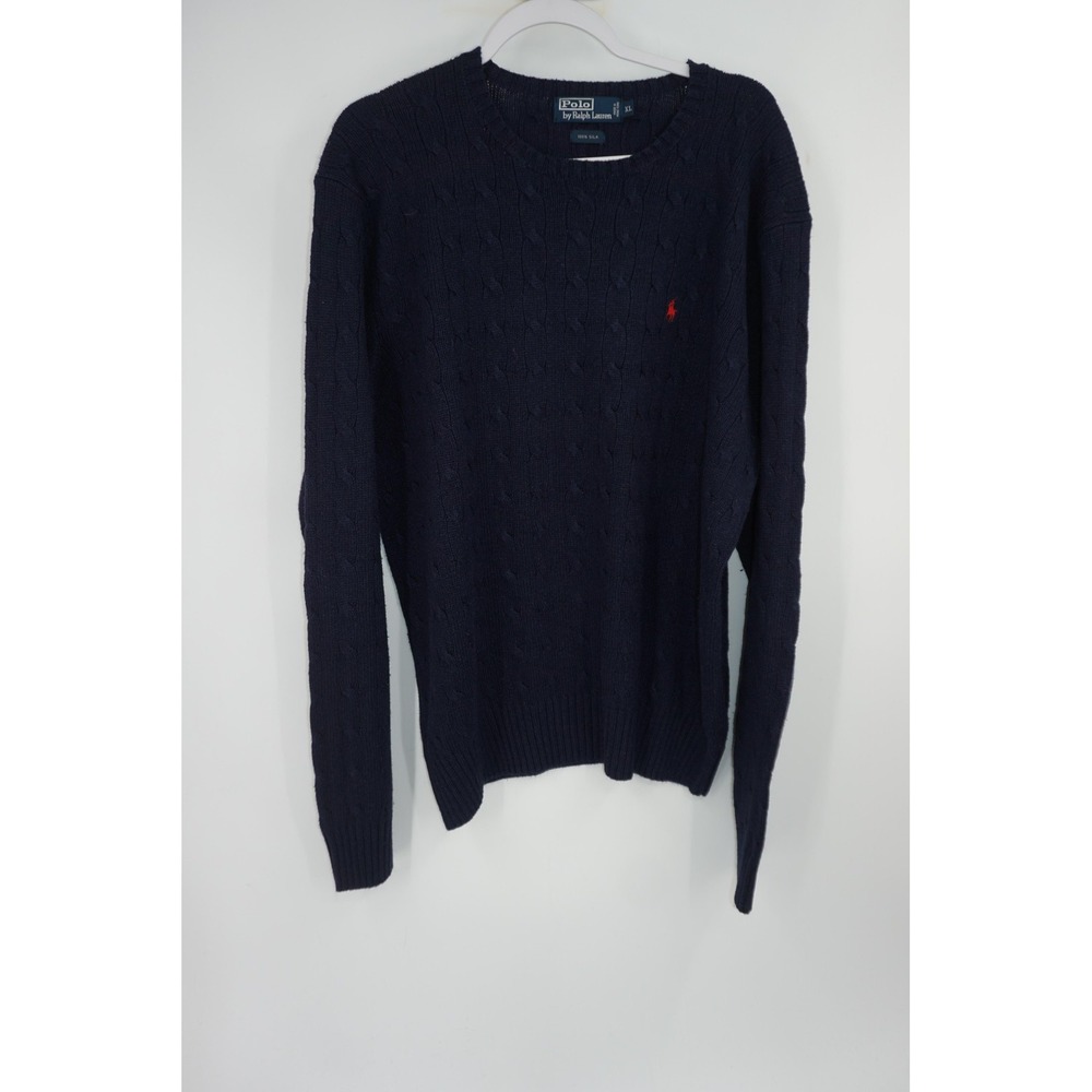Polo Ralph Lauren Sweater Mens‎ Extra Large Navy Blue 100% Silk Cable Knit